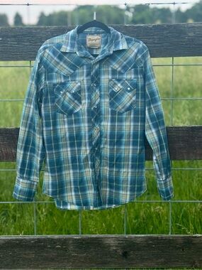 Vtg Wrangler Western Cowboy Shirt Blue Plaid Pearl Snap Long Sleeve Men’s Medium